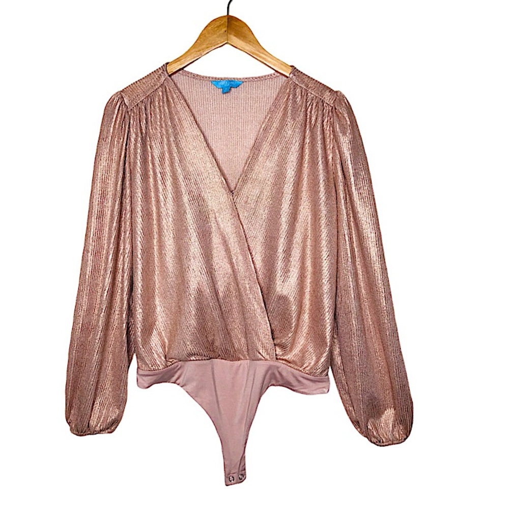 Draper James RSVP Wrap Bodysuit Metallic Rose Gold Surplus Neck Elegant Sz: M